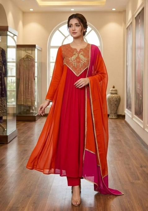Red Embroidery Chanderi Anarkali Set