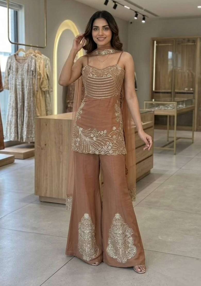 Mocha Brown Embroidery Cosmos Sharara Set - Indya