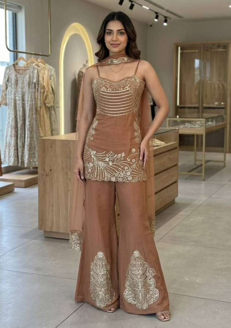 Mocha Brown Embroidery Cosmos Sharara Set - Indya
