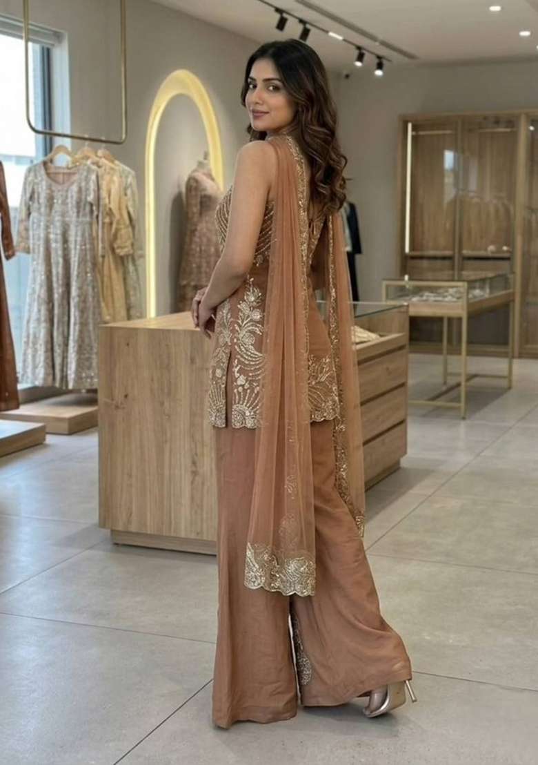 Mocha Brown Embroidery Cosmos Sharara Set - Indya
