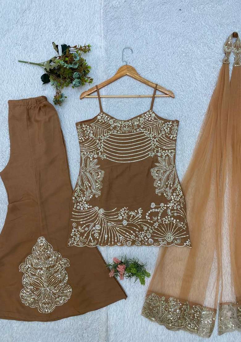 Mocha Brown Embroidery Cosmos Sharara Set - Indya