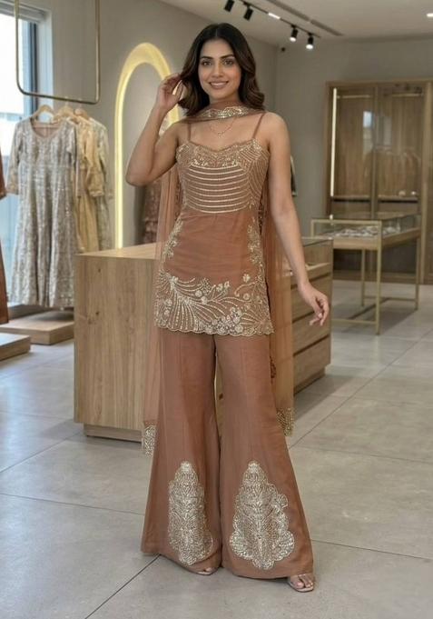 Mocha Brown Embroidery Cosmos Sharara Set