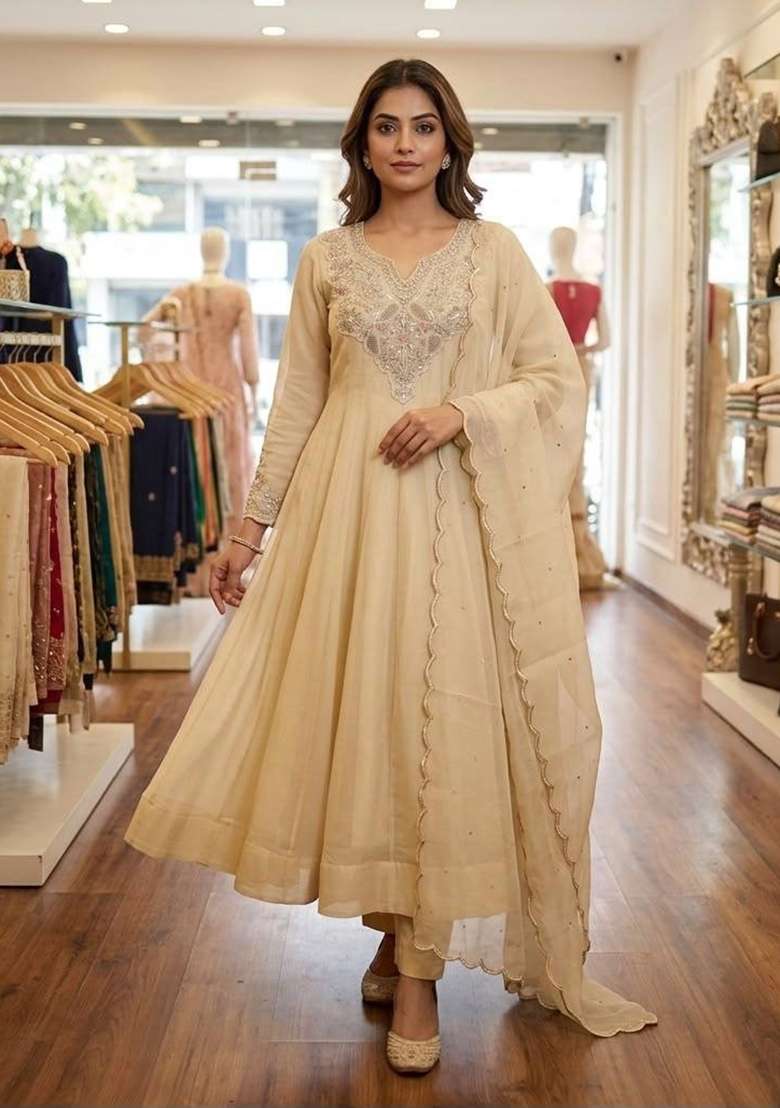 Beige Embroidery Cosmos Anarkali Set - Indya