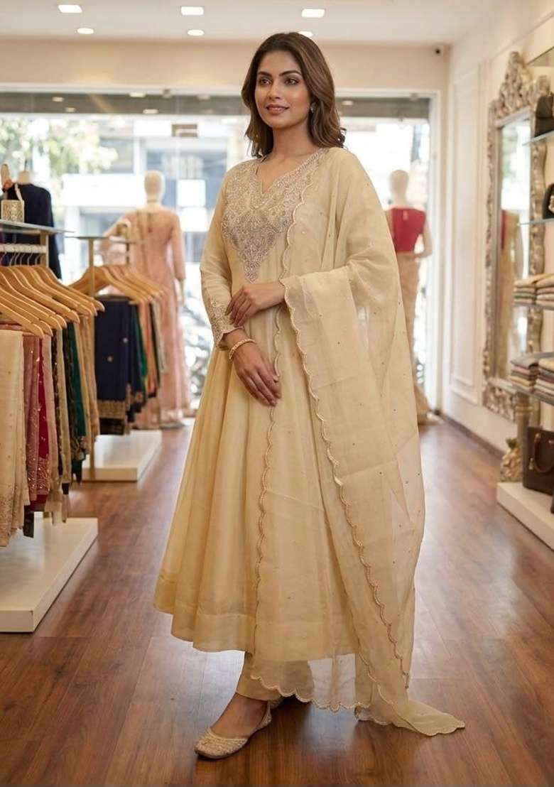 Beige Embroidery Cosmos Anarkali Set - Indya