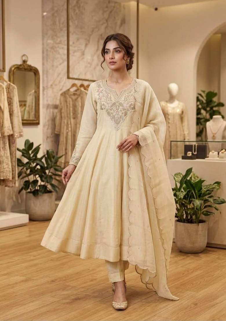 Beige Embroidery Cosmos Anarkali Set - Indya
