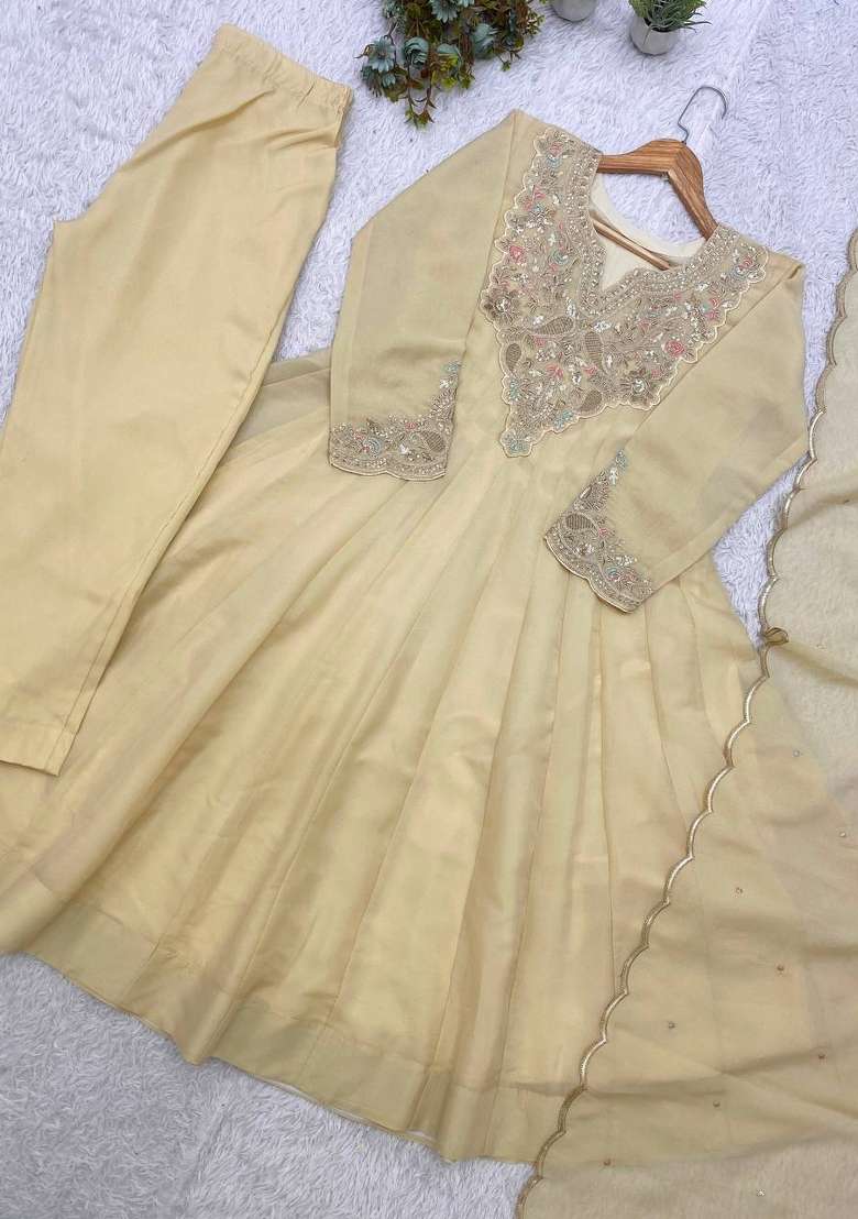 Beige Embroidery Cosmos Anarkali Set - Indya