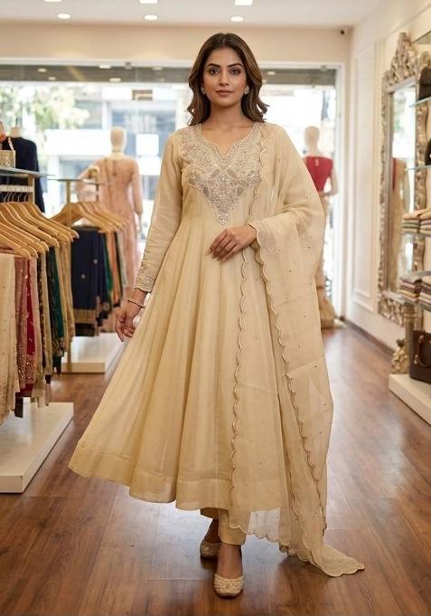 Beige Embroidery Cosmos Anarkali Set