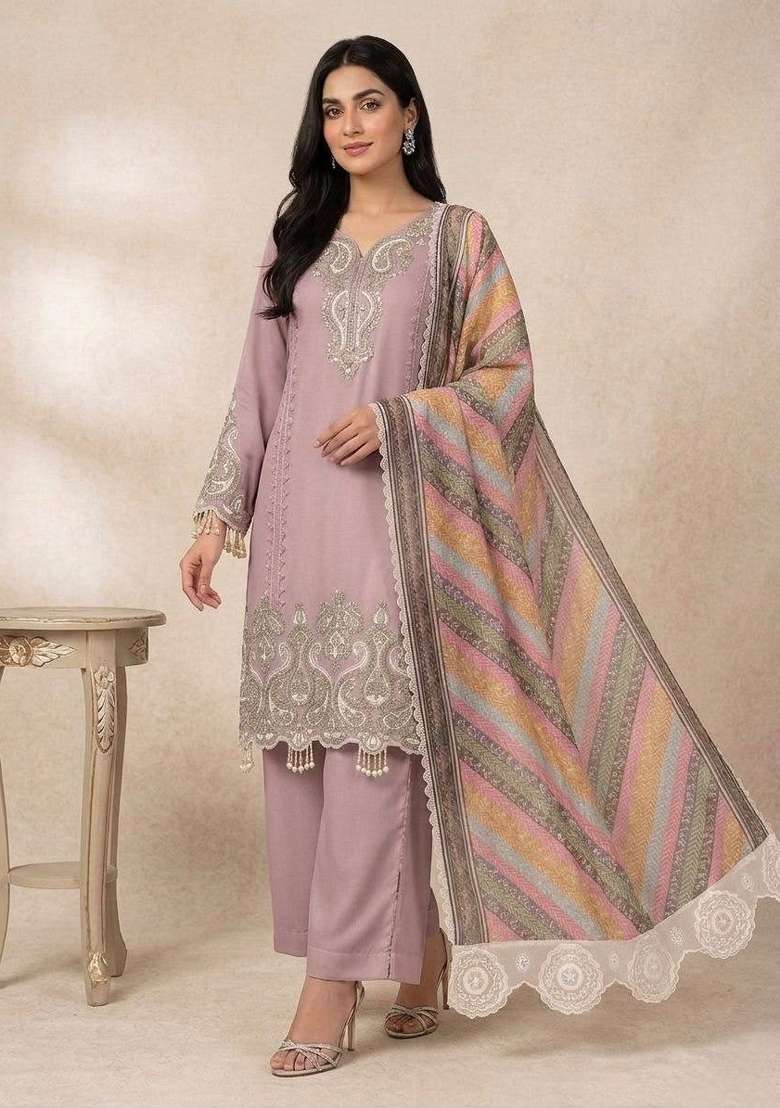 Dusty Lilac Embroidery Georgette Kurta Set - Indya