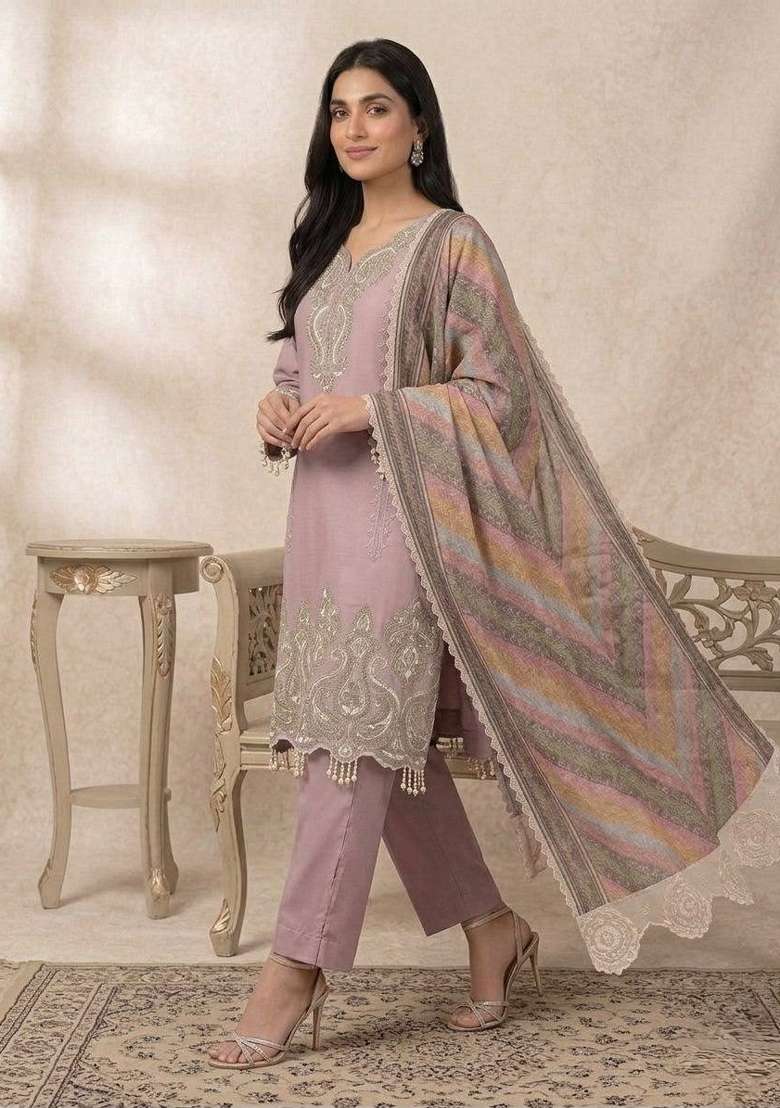 Dusty Lilac Embroidery Georgette Kurta Set - Indya