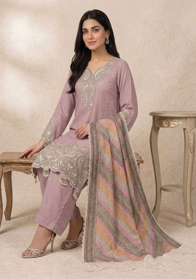 Dusty Lilac Embroidery Georgette Kurta Set - Indya