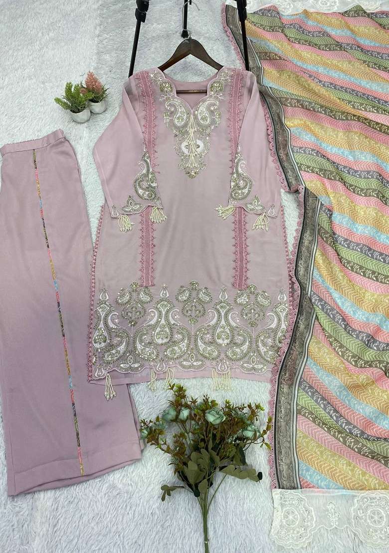 Dusty Lilac Embroidery Georgette Kurta Set - Indya