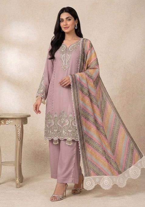 Dusty Lilac Embroidery Georgette Kurta Set