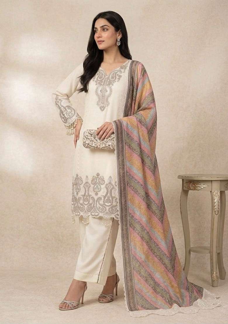 Off White Embroidery Georgette Kurta Set - Indya