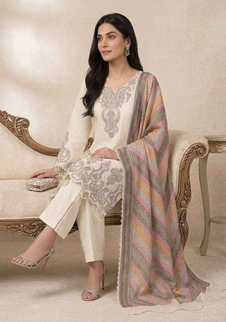 Off White Embroidery Georgette Kurta Set - Indya