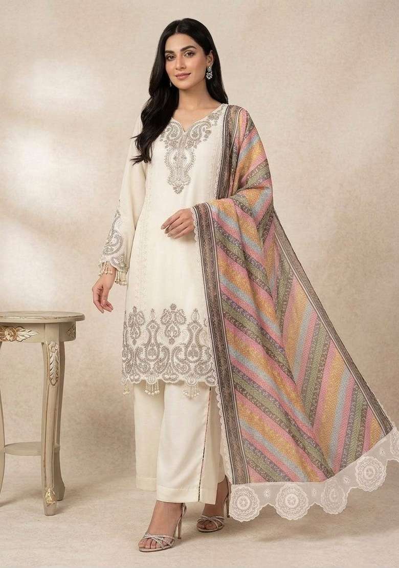 Off White Embroidery Georgette Kurta Set - Indya