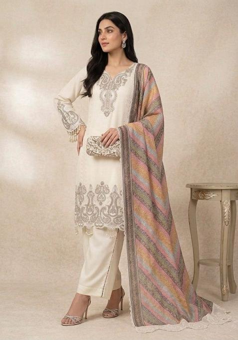 Off White Embroidery Georgette Kurta Set