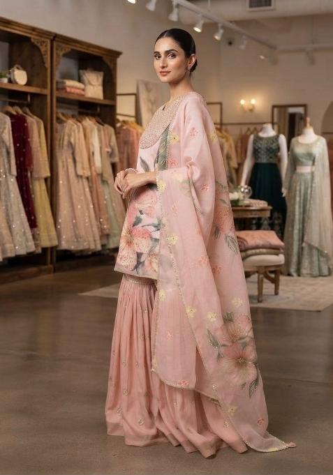 Blush Pink Embroidery Organza Sharara Set