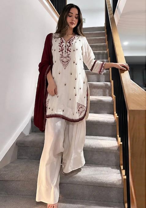 Ivory Embroidery Silk Palazzo Set