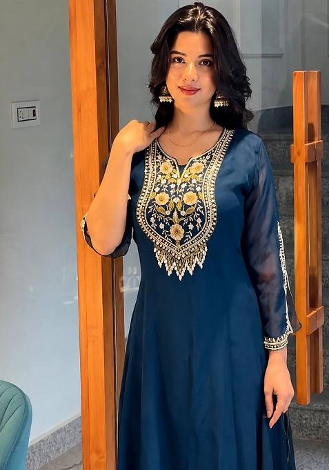 Peacock Blue Embroidery Georgette Anarkali Set