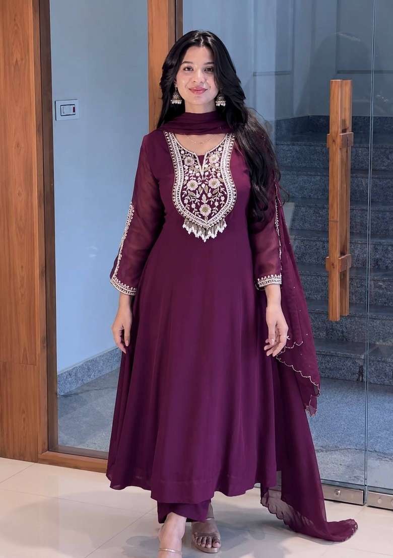 Deep Magenta Wine Embroidery Georgette Anarkali Set - Indya