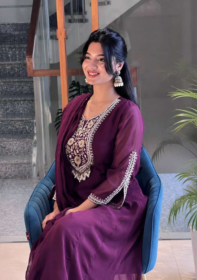Deep Magenta Wine Embroidery Georgette Anarkali Set - Indya