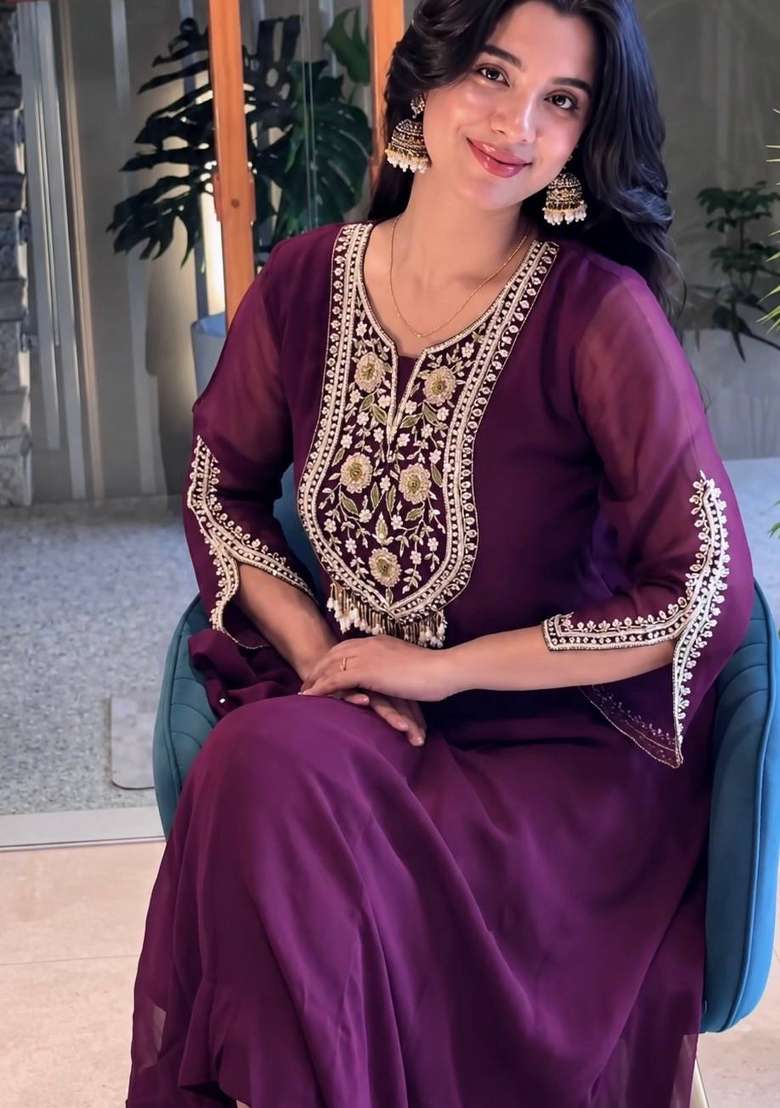 Deep Magenta Wine Embroidery Georgette Anarkali Set - Indya
