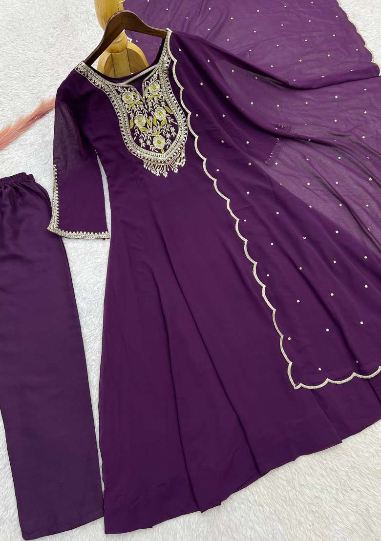 Deep Magenta Wine Embroidery Georgette Anarkali Set - Indya