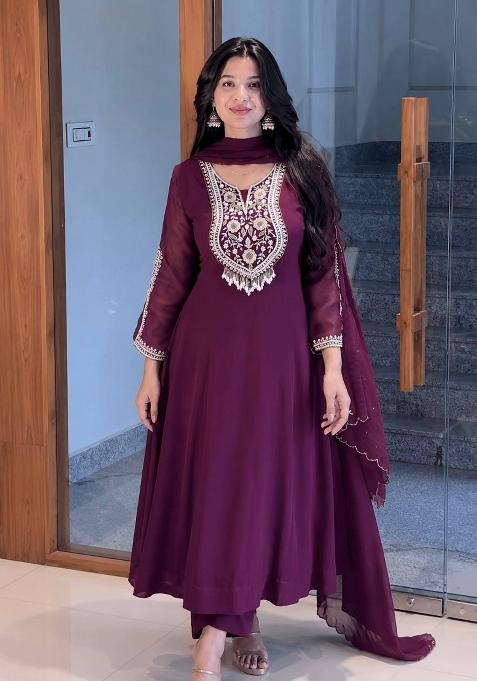 Deep Magenta Wine Embroidery Georgette Anarkali Set