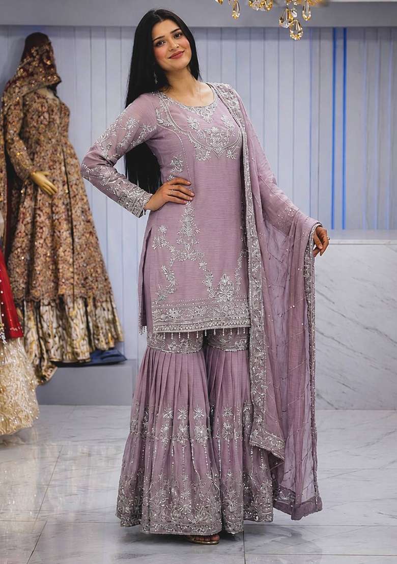 Dusty Lavender Embroidery Chinon Sharara Set - Indya