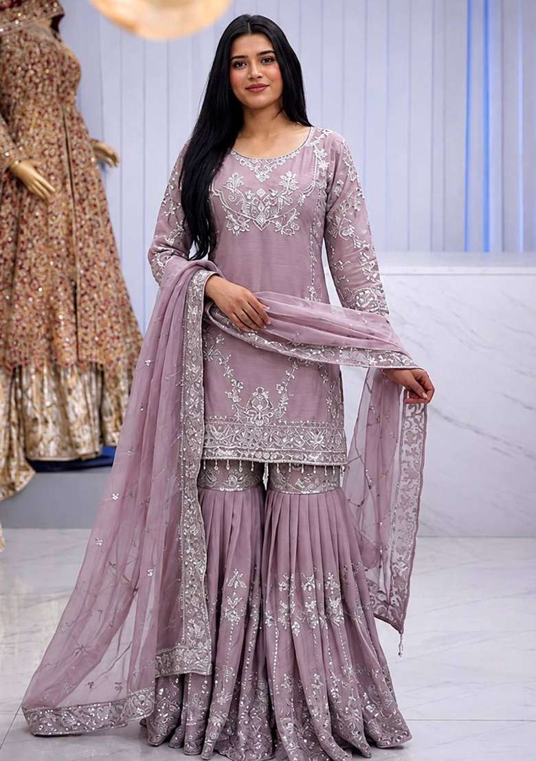 Dusty Lavender Embroidery Chinon Sharara Set - Indya