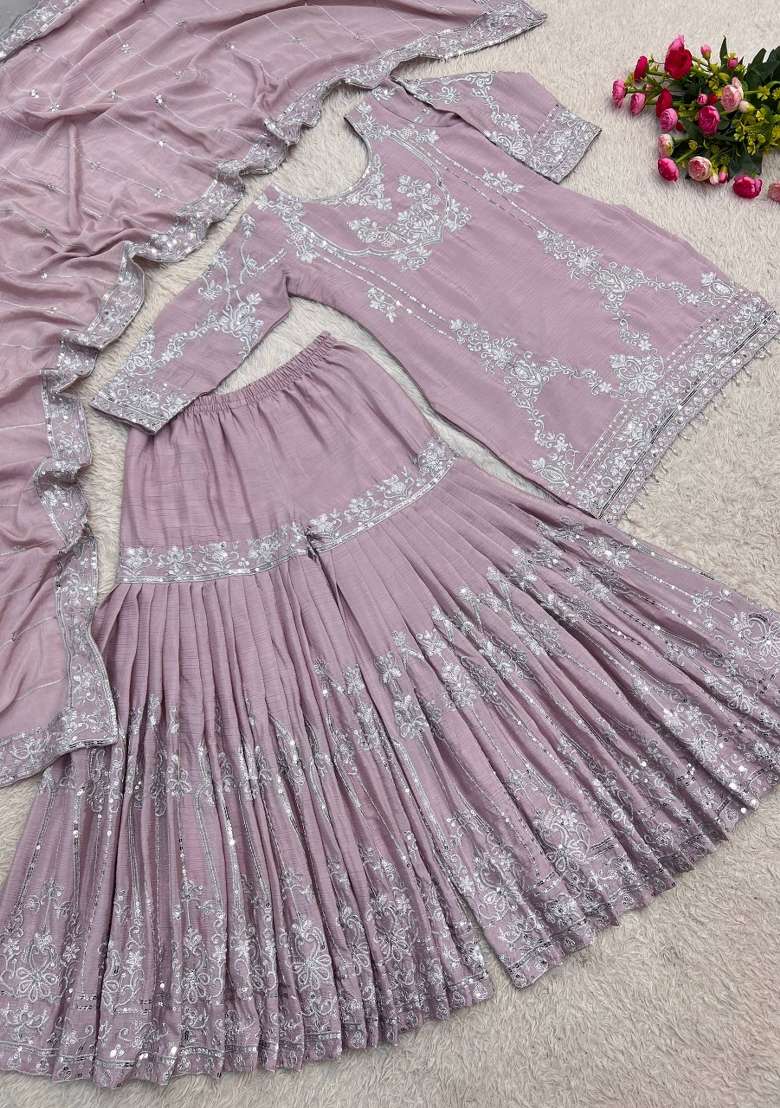 Dusty Lavender Embroidery Chinon Sharara Set - Indya