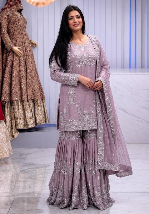 Dusty Lavender Embroidery Chinon Sharara Set