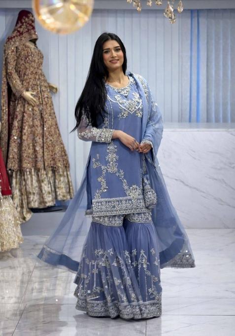 Powder Blue Embroidery Chinon Sharara Set