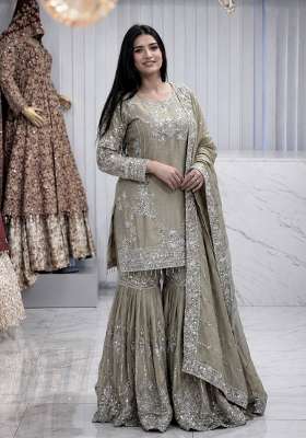 Muted Olive Grey Embroidery Chinon Sharara Set