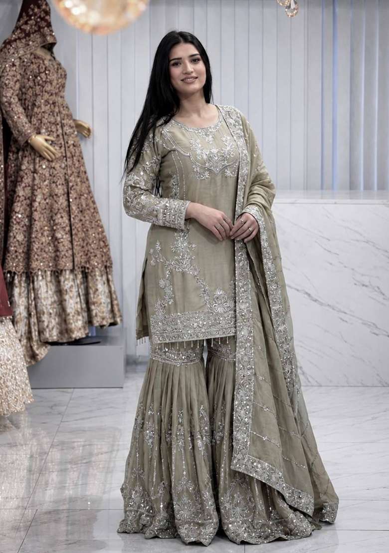Muted Olive Grey Embroidery Chinon Sharara Set - Indya