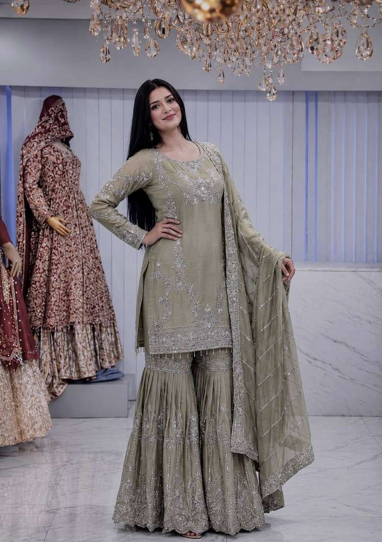 Muted Olive Grey Embroidery Chinon Sharara Set - Indya