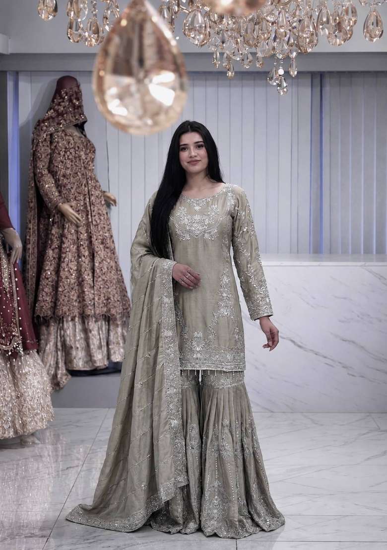 Muted Olive Grey Embroidery Chinon Sharara Set - Indya