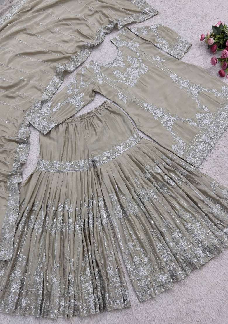 Muted Olive Grey Embroidery Chinon Sharara Set - Indya