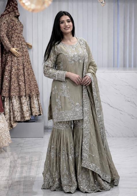 Muted Olive Grey Embroidery Chinon Sharara Set