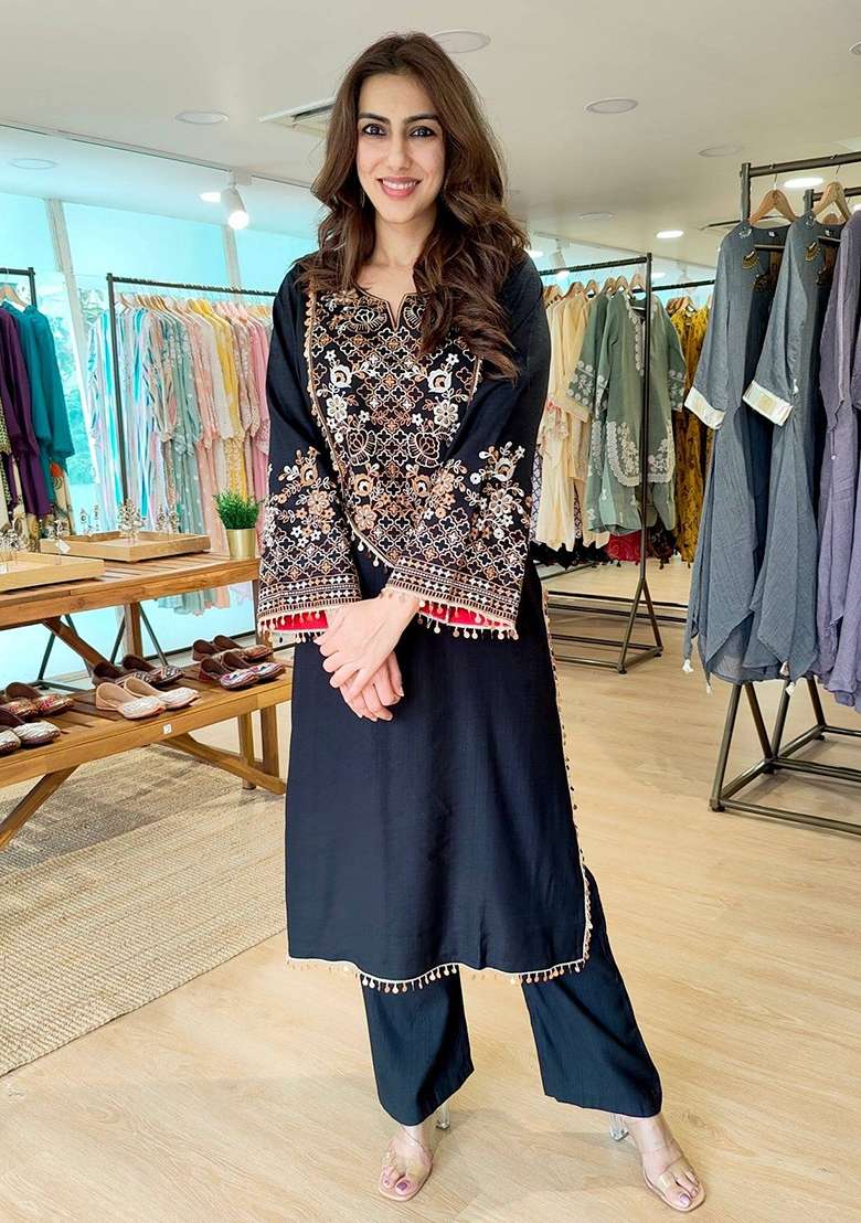 Black Embroidery Silk Kurta Set - Indya