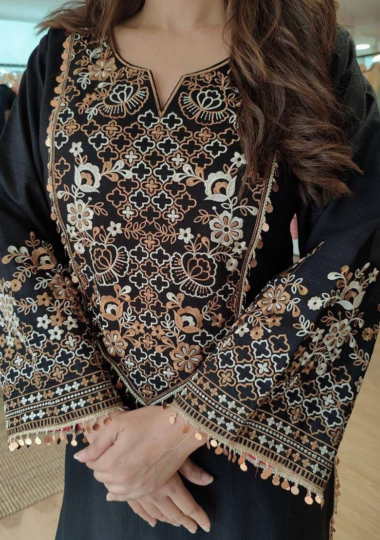 Black Embroidery Silk Kurta Set - Indya