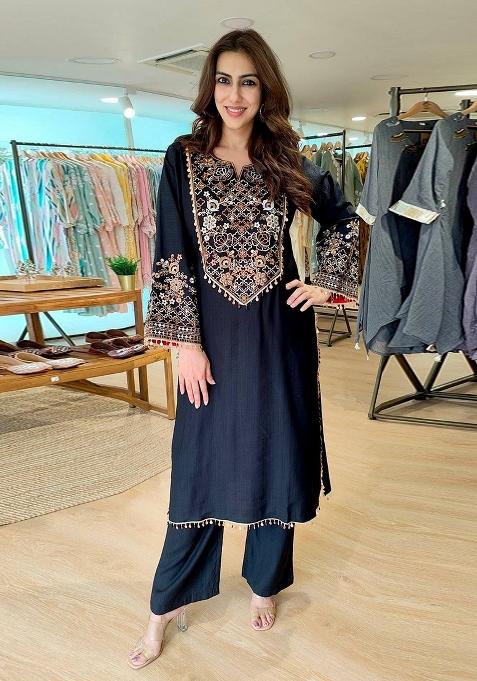 Black Embroidery Silk Kurta Set