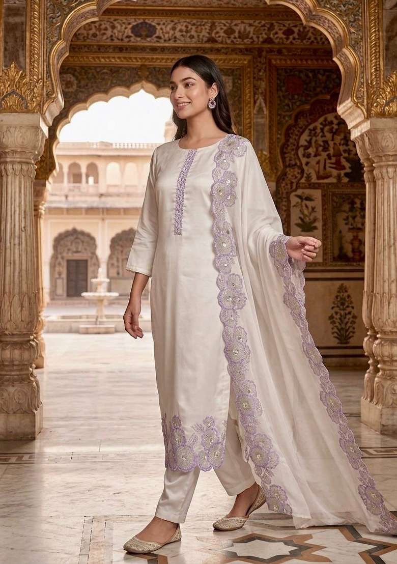 Off White And Lavender Embroidery Silk Kurta Set - Indya