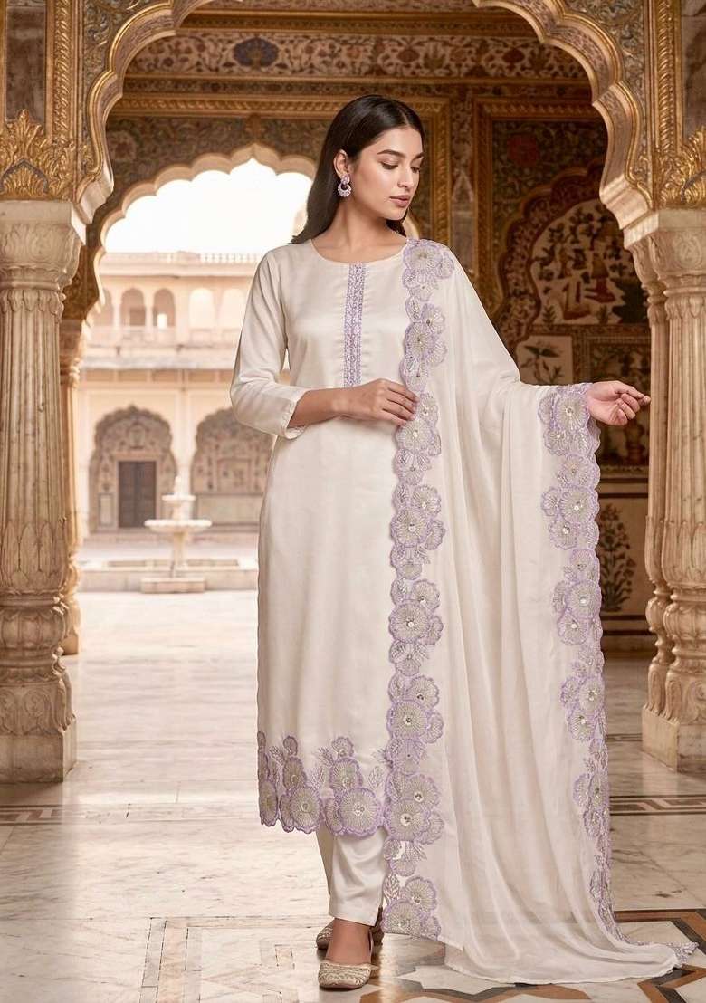 Off White And Lavender Embroidery Silk Kurta Set - Indya