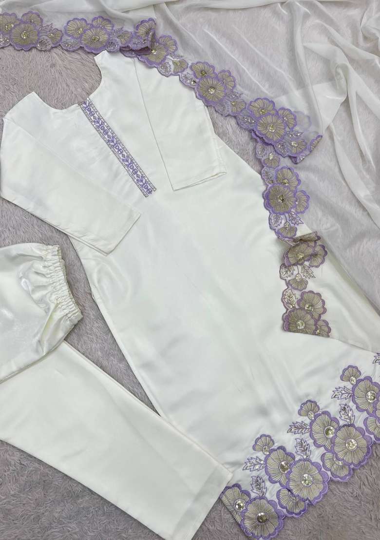 Off White And Lavender Embroidery Silk Kurta Set - Indya