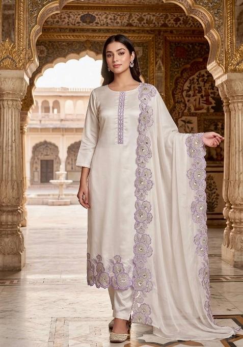 Off White And Lavender Embroidery Silk Kurta Set