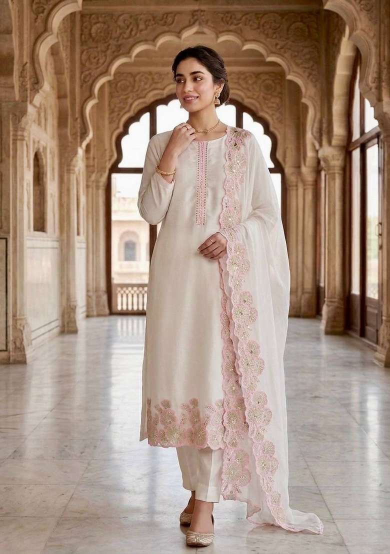 Off White And Blus Pink Embroidery Silk Kurta Set - Indya