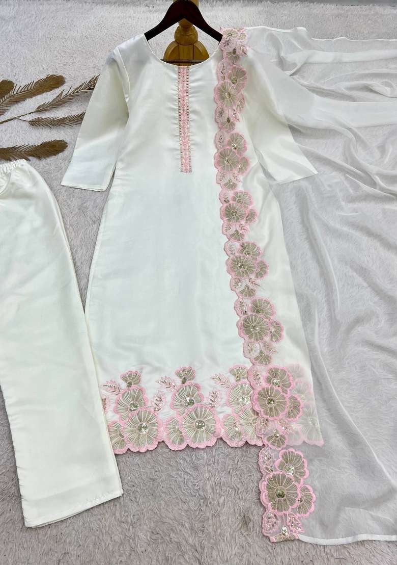 Off White And Blus Pink Embroidery Silk Kurta Set - Indya