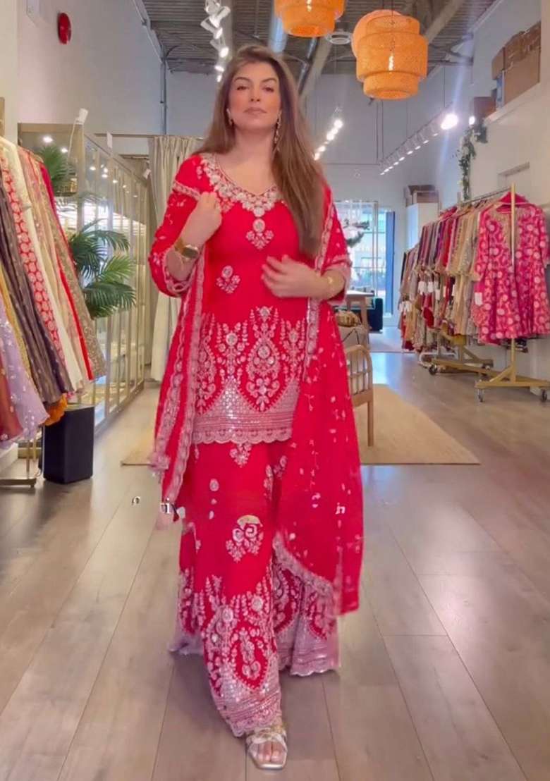 Red Embroidery Georgette Salwar Suit Set - Indya
