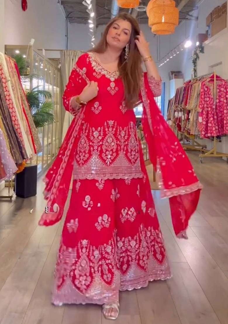 Red Embroidery Georgette Salwar Suit Set - Indya